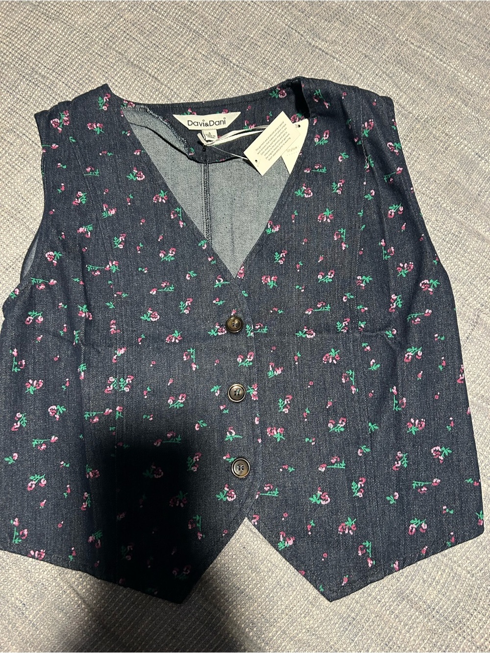 DAVI & DANI Navy Floral Button-Front Vest with Pink & Green Accents